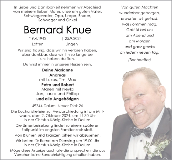 Traueranzeige von Bernard Knue von Neue Osnabrücker Zeitung GmbH & Co. KG