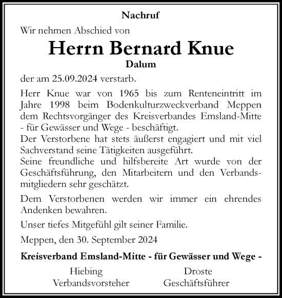 Traueranzeige von Bernard Knue von Neue Osnabrücker Zeitung GmbH & Co. KG