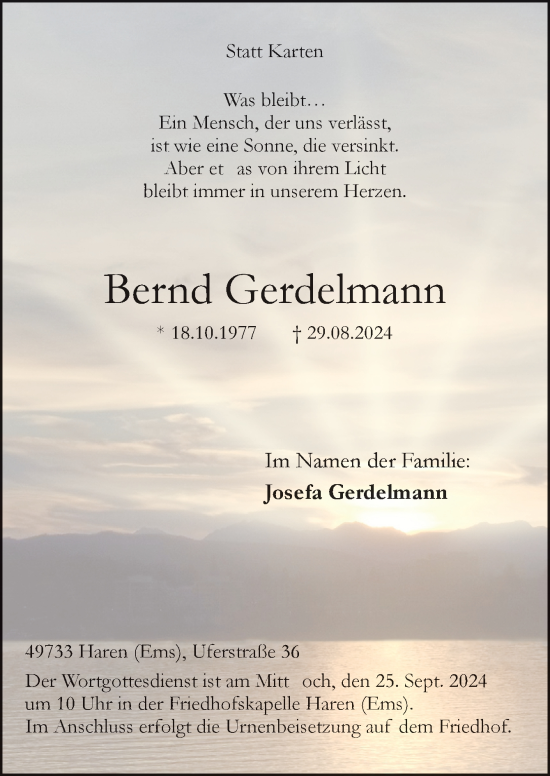 Traueranzeige von Bernd Gerdelmann von Neue Osnabrücker Zeitung GmbH & Co. KG