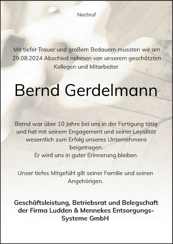 Traueranzeige von Bernd Gerdelmann von Neue Osnabrücker Zeitung GmbH & Co. KG