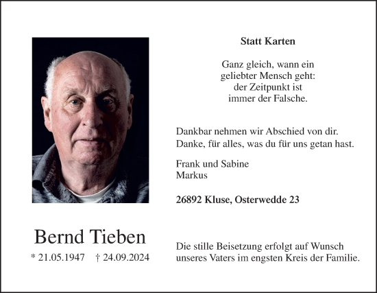 Traueranzeige von Bernd Tieben von Neue Osnabrücker Zeitung GmbH & Co. KG