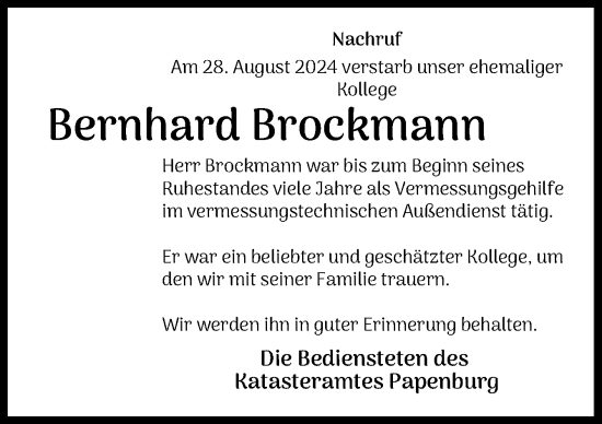 Traueranzeige von Bernhard Brockmann von Neue Osnabrücker Zeitung GmbH & Co. KG