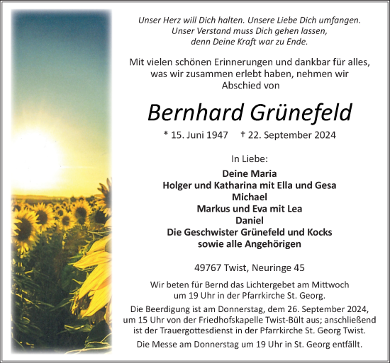 Traueranzeige von Bernhard Grünefeld von Neue Osnabrücker Zeitung GmbH & Co. KG