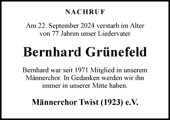 Traueranzeige von Bernhard Grünefeld von Neue Osnabrücker Zeitung GmbH & Co. KG