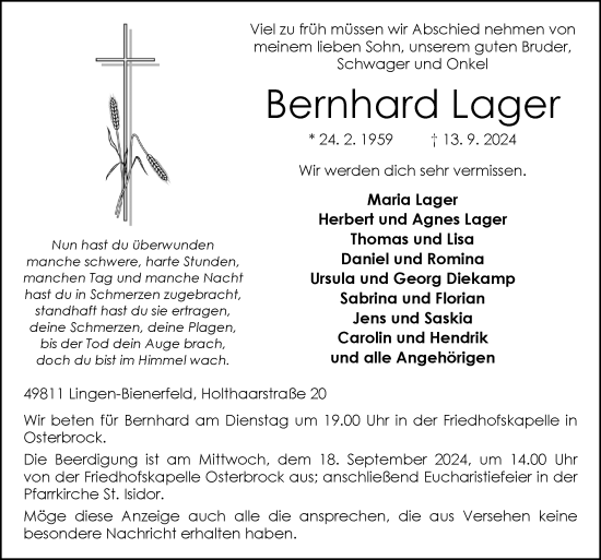 Traueranzeige von Bernhard Lager von Neue Osnabrücker Zeitung GmbH & Co. KG