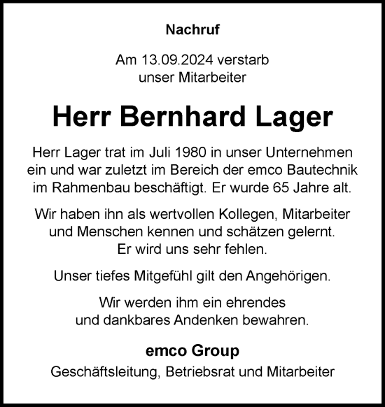 Traueranzeige von Bernhard Lager von Neue Osnabrücker Zeitung GmbH & Co. KG