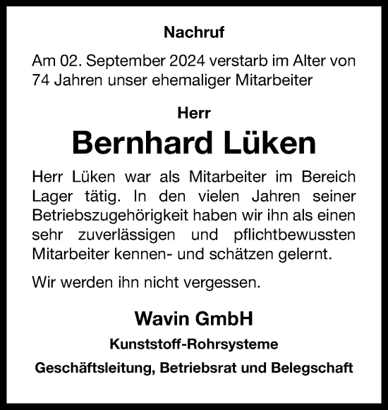 Traueranzeige von Bernhard Lüken von Neue Osnabrücker Zeitung GmbH & Co. KG