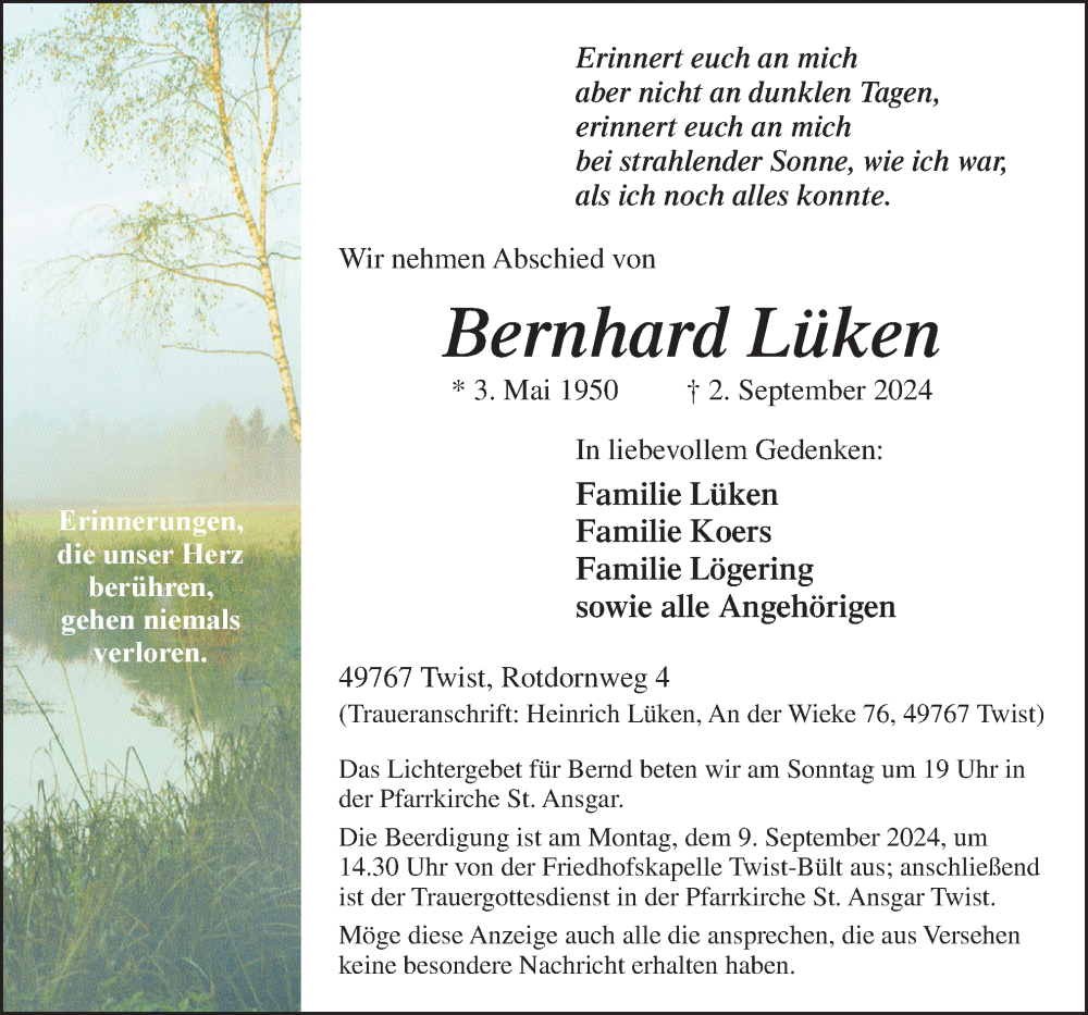  Traueranzeige für Bernhard Lüken vom 06.09.2024 aus Neue Osnabrücker Zeitung GmbH & Co. KG