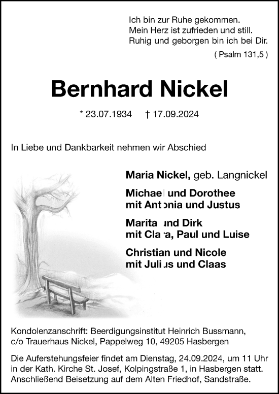 Traueranzeige von Bernhard Nickel von Neue Osnabrücker Zeitung GmbH & Co. KG