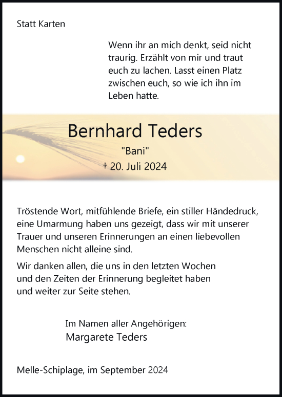 Traueranzeige von Bernhard Teders von Neue Osnabrücker Zeitung GmbH & Co. KG