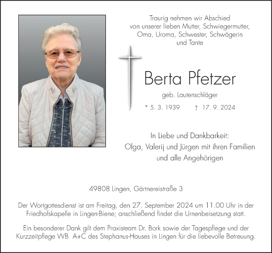 Traueranzeige von Berta Pfetzer von Neue Osnabrücker Zeitung GmbH & Co. KG