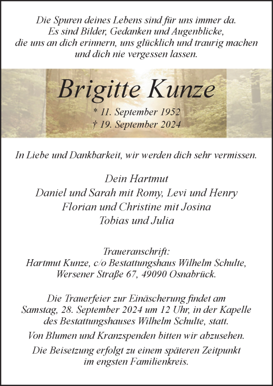 Traueranzeige von Brigitte Kunze von Neue Osnabrücker Zeitung GmbH & Co. KG