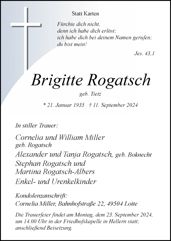 Traueranzeige von Brigitte Rogatsch von Neue Osnabrücker Zeitung GmbH & Co. KG