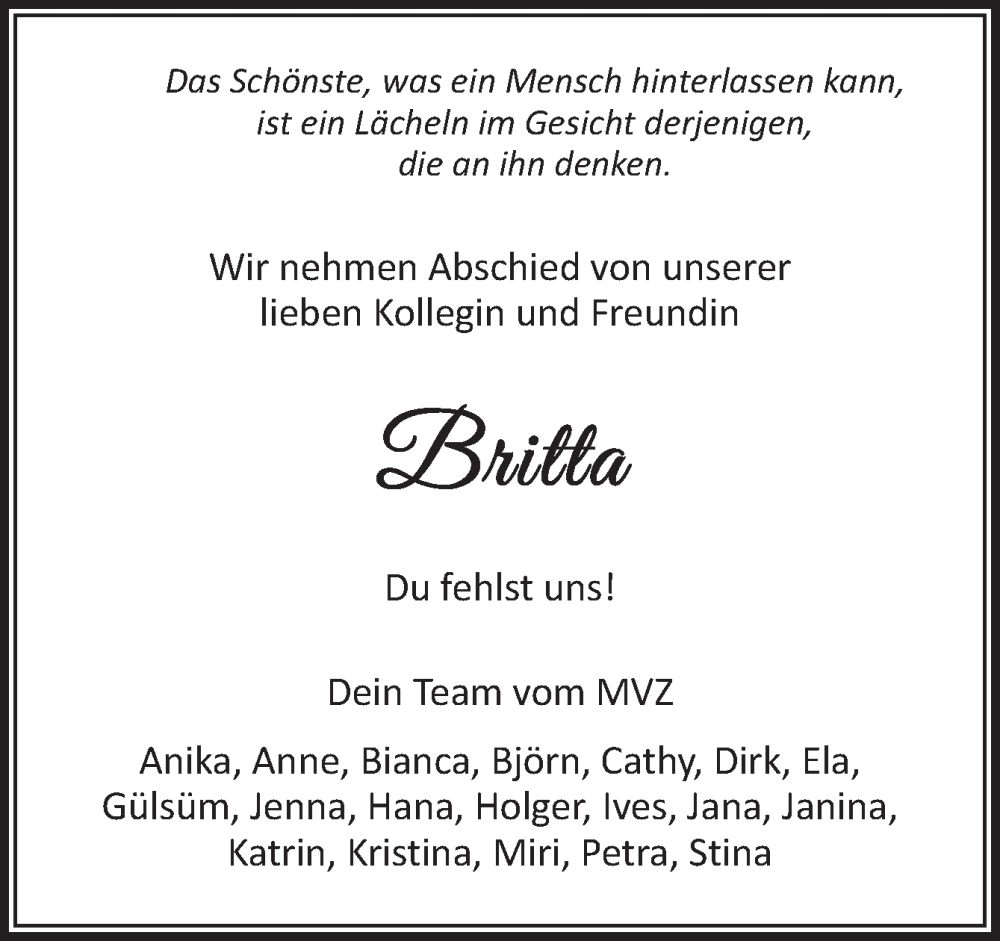  Traueranzeige für Britta  vom 28.09.2024 aus DK Medien GmbH & Co. KG