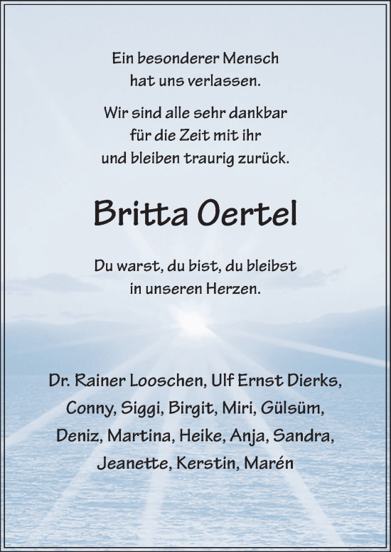 Traueranzeige von Britta Oertel von DK Medien GmbH & Co. KG