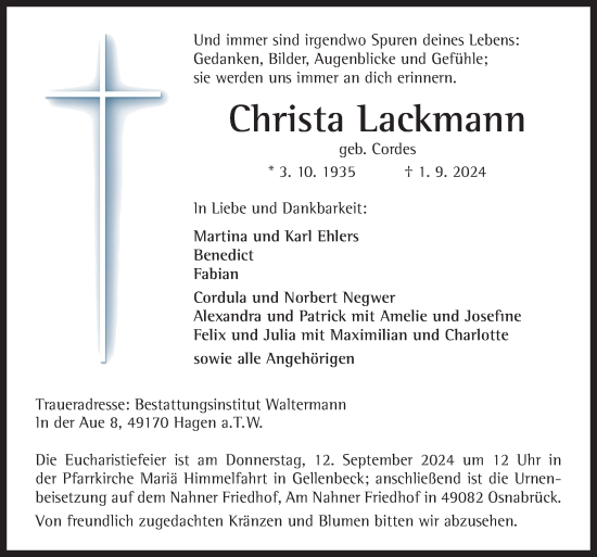 Traueranzeige von Christa Lackmann von Neue Osnabrücker Zeitung GmbH & Co. KG