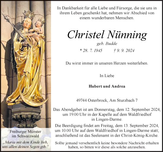 Traueranzeige von Christel Nünning von Neue Osnabrücker Zeitung GmbH & Co. KG