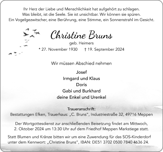 Traueranzeige von Christine Bruns von Neue Osnabrücker Zeitung GmbH & Co. KG