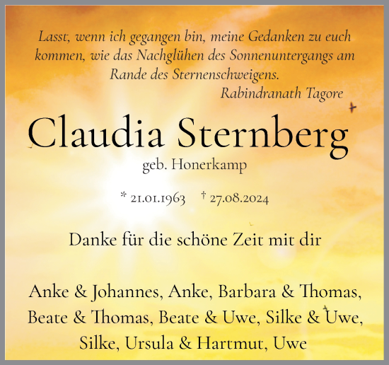 Traueranzeige von Claudia Sternberg von Neue Osnabrücker Zeitung GmbH & Co. KG