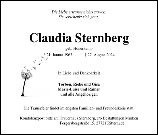 Traueranzeige von Claudia Sternberg von Neue Osnabrücker Zeitung GmbH & Co. KG