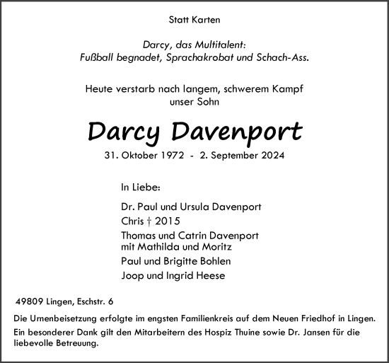 Traueranzeige von Darcy Davenport von Neue Osnabrücker Zeitung GmbH & Co. KG