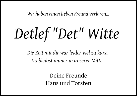 Traueranzeige von Detlef Witte von DK Medien GmbH & Co. KG