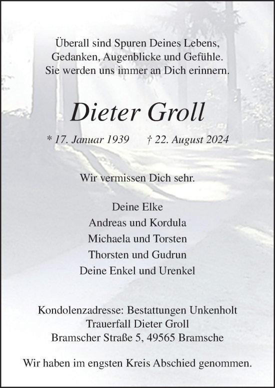 Traueranzeige von Dieter Groll von Neue Osnabrücker Zeitung GmbH & Co. KG