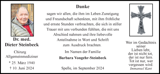 Traueranzeige von Dieter Steinbeck von Neue Osnabrücker Zeitung GmbH & Co. KG