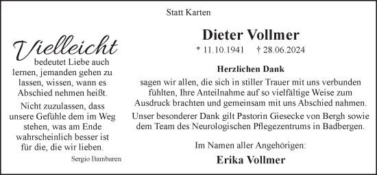 Traueranzeige von Dieter Vollmer von Neue Osnabrücker Zeitung GmbH & Co. KG