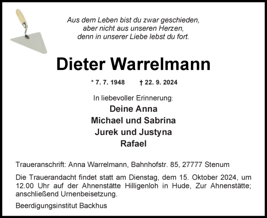 Traueranzeige von Dieter Warrelmann von DK Medien GmbH & Co. KG