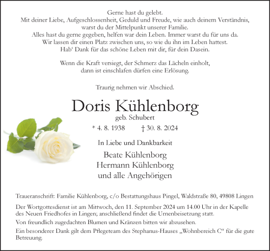 Traueranzeige von Doris Kühlenborg von Neue Osnabrücker Zeitung GmbH & Co. KG