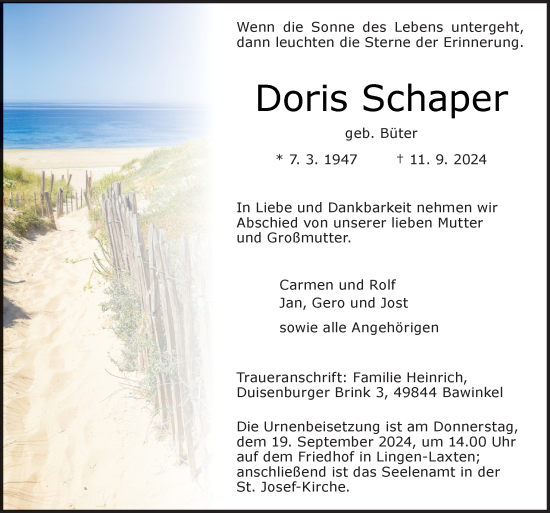 Traueranzeige von Doris Schaper von Neue Osnabrücker Zeitung GmbH & Co. KG