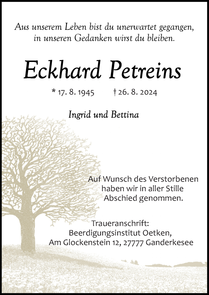  Traueranzeige für Eckhard Petreins vom 21.09.2024 aus DK Medien GmbH & Co. KG