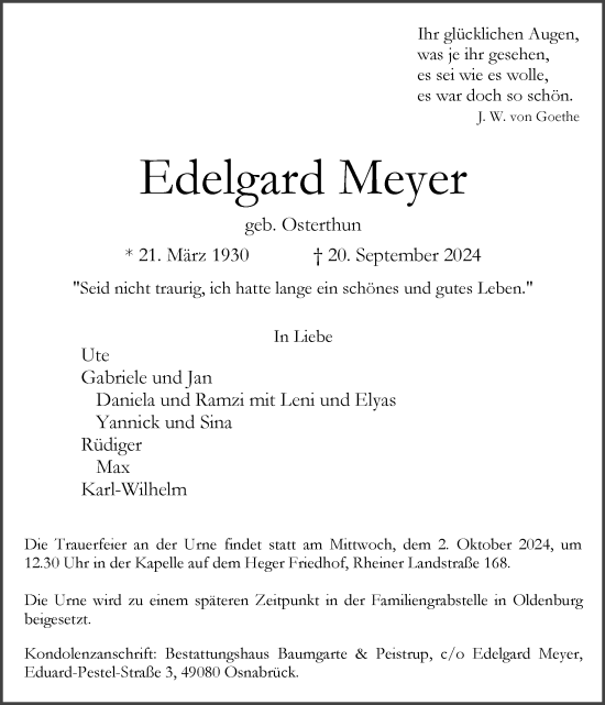 Traueranzeige von Edelgard Meyer von Neue Osnabrücker Zeitung GmbH & Co. KG