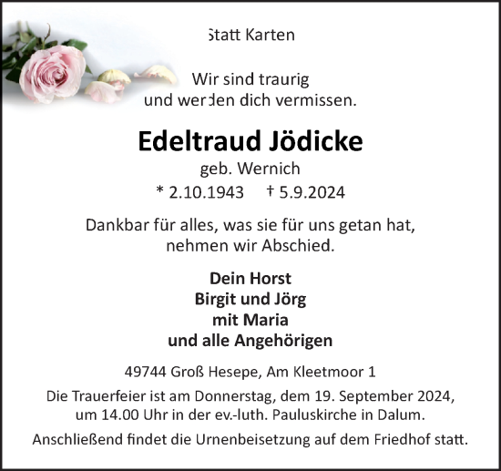 Traueranzeige von Edeltraud Jödicke von Neue Osnabrücker Zeitung GmbH & Co. KG