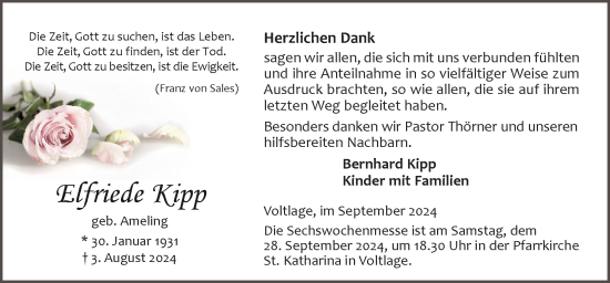 Traueranzeige von Elfriede Kipp von Neue Osnabrücker Zeitung GmbH & Co. KG