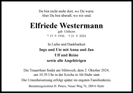 Traueranzeige von Elfriede Westermann von DK Medien GmbH & Co. KG