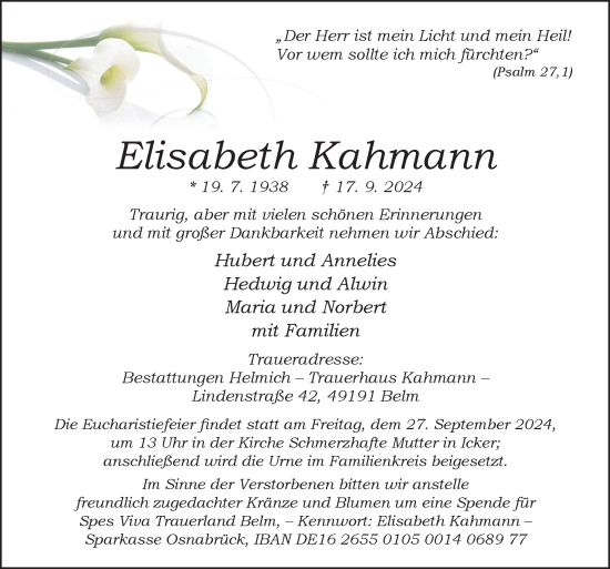 Traueranzeige von Elisabeth Kahmann von Neue Osnabrücker Zeitung GmbH & Co. KG