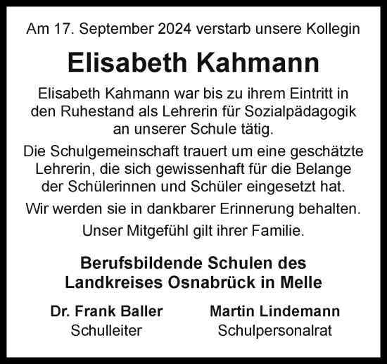 Traueranzeige von Elisabeth Kahmann von Neue Osnabrücker Zeitung GmbH & Co. KG