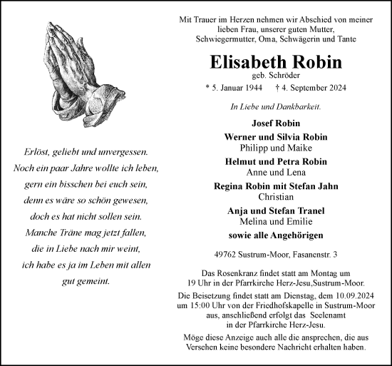 Traueranzeige von Elisabeth Robin von Neue Osnabrücker Zeitung GmbH & Co. KG
