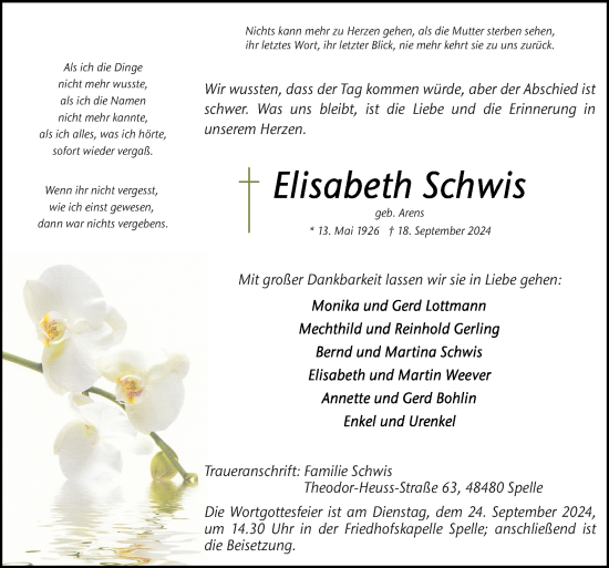 Traueranzeige von Elisabeth Schwis von Neue Osnabrücker Zeitung GmbH & Co. KG