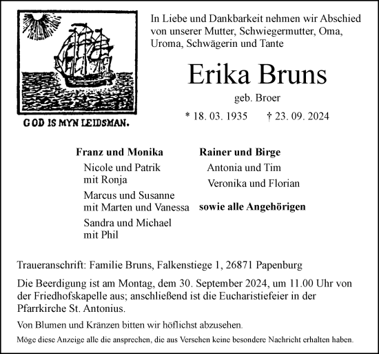 Traueranzeige von Erika Bruns von Neue Osnabrücker Zeitung GmbH & Co. KG