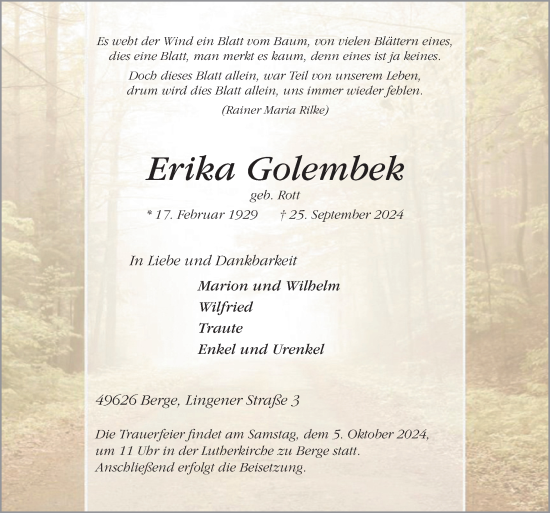 Traueranzeige von Erika Golembek von Neue Osnabrücker Zeitung GmbH & Co. KG