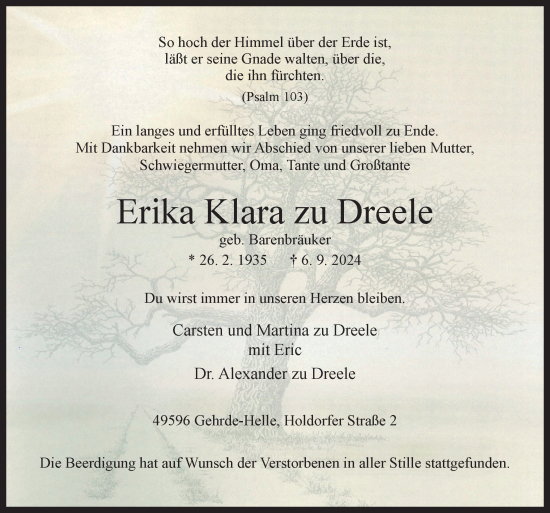 Traueranzeige von Erika Klara zu Dreele von Neue Osnabrücker Zeitung GmbH & Co. KG