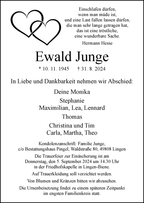 Traueranzeige von Ewald Junge von Neue Osnabrücker Zeitung GmbH & Co. KG