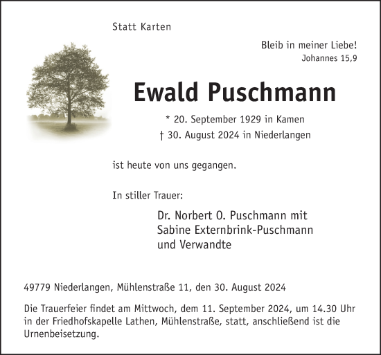 Traueranzeige von Ewald Puschmann von Neue Osnabrücker Zeitung GmbH & Co. KG