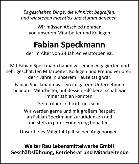 Traueranzeige von Fabian Speckmann von Neue Osnabrücker Zeitung GmbH & Co. KG