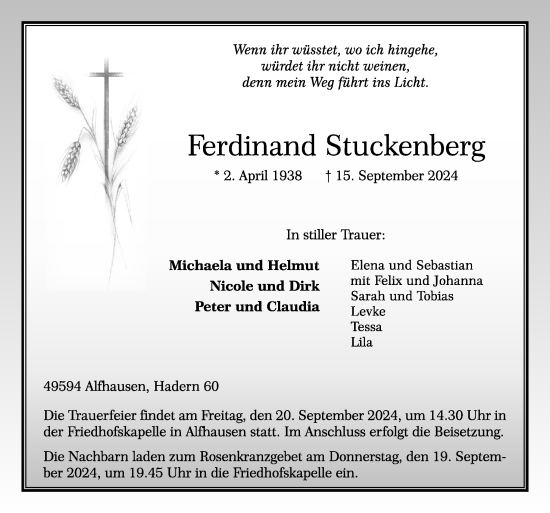 Traueranzeige von Ferdinand Stuckenberg von Neue Osnabrücker Zeitung GmbH & Co. KG