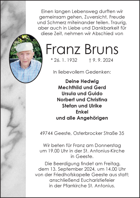 Traueranzeige von Franz Bruns von Neue Osnabrücker Zeitung GmbH & Co. KG