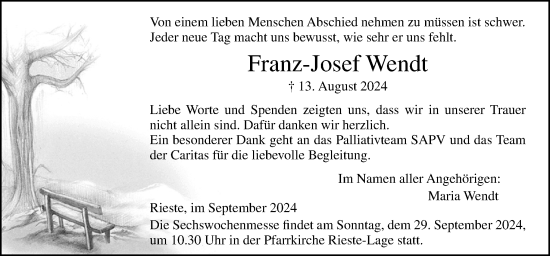 Traueranzeige von Franz-Josef Wendt von Neue Osnabrücker Zeitung GmbH & Co. KG